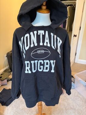 Firstport Montauk Rugby black distressed hooded sweatshirt sz M